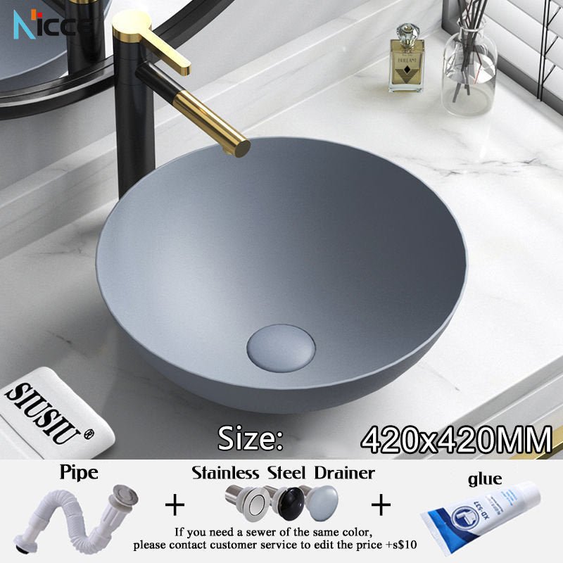 Nordic small bathroom light gray washbasin matte ceramic countertop basin hot and cold water faucet bathroom sink drain set