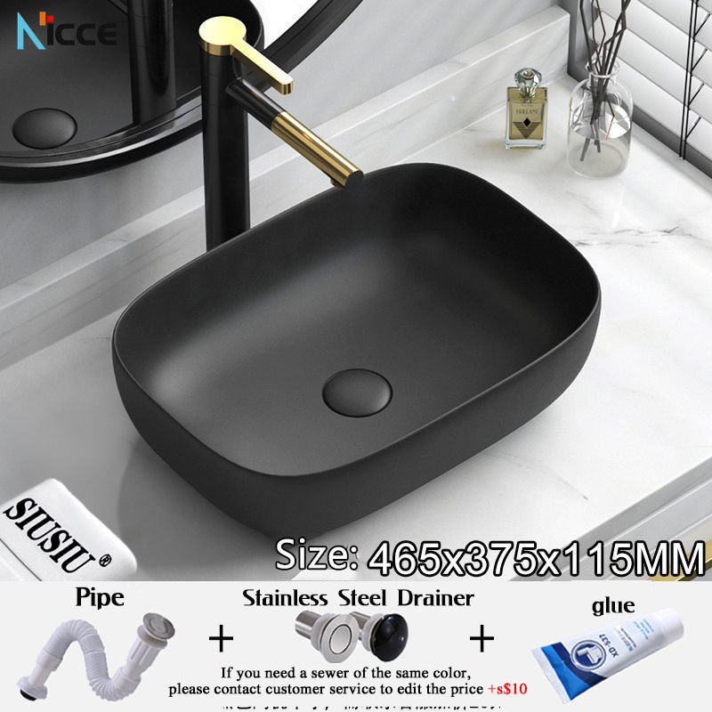 Nordic Simple Ceramic Countertop Basin Bathroom Small Size Black Round Art Washbasin Drainer Faucet Set