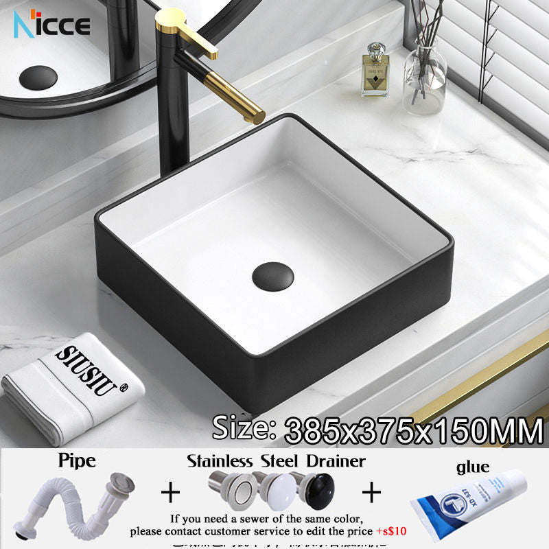 Nordic Simple Ceramic Countertop Basin Bathroom Small Size Black Round Art Washbasin Drainer Faucet Set