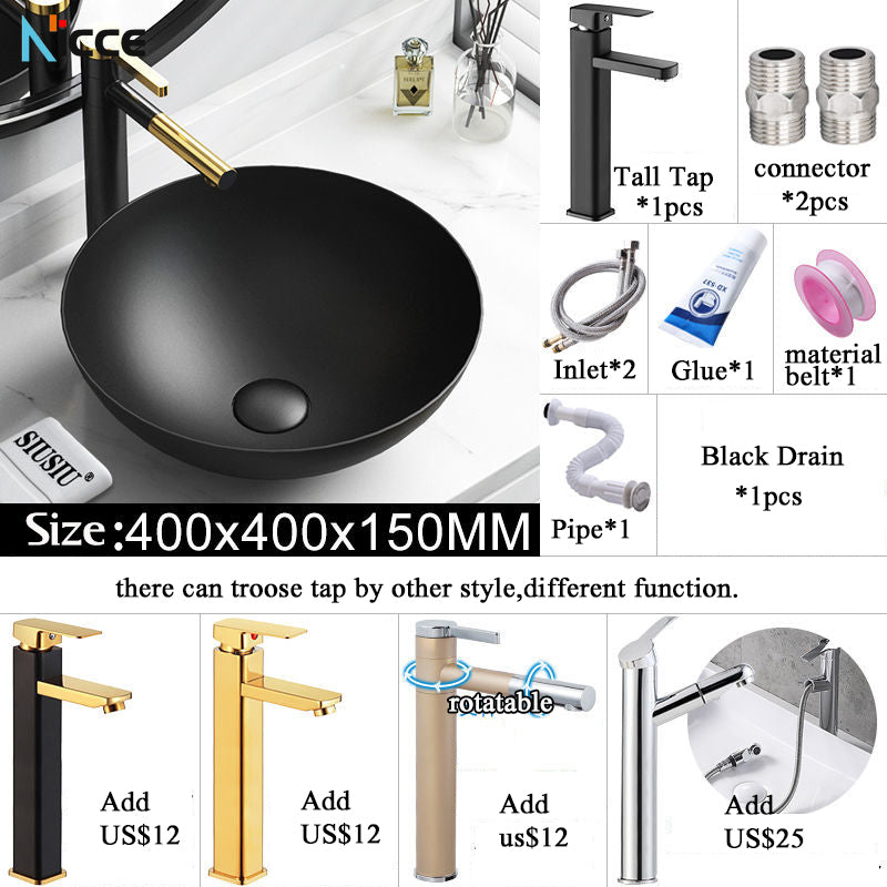 Nordic Simple Ceramic Countertop Basin Bathroom Small Size Black Round Art Washbasin Drainer Faucet Set