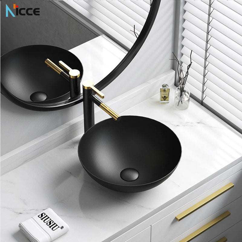 Nordic Simple Ceramic Countertop Basin Bathroom Small Size Black Round Art Washbasin Drainer Faucet Set