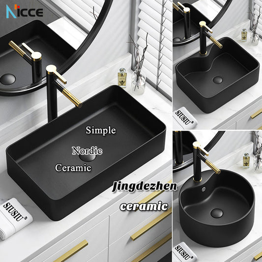 Nordic Simple Ceramic Countertop Basin Bathroom Small Size Black Round Art Washbasin Drainer Faucet Set