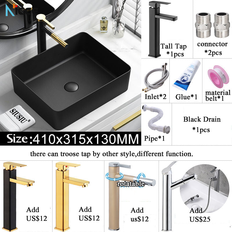 Nordic Simple Ceramic Countertop Basin Bathroom Small Size Black Round Art Washbasin Drainer Faucet Set