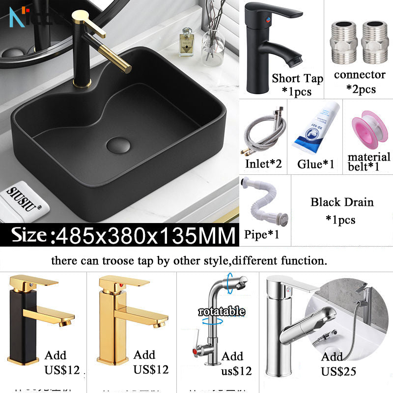 Nordic Simple Ceramic Countertop Basin Bathroom Small Size Black Round Art Washbasin Drainer Faucet Set