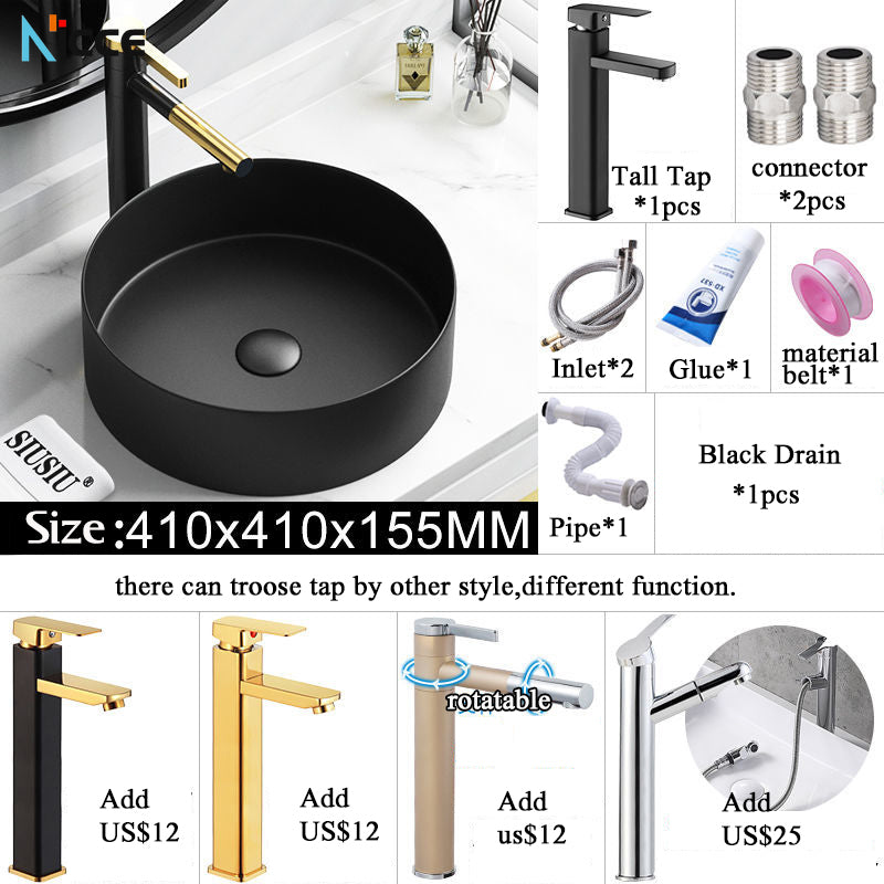 Nordic Simple Ceramic Countertop Basin Bathroom Small Size Black Round Art Washbasin Drainer Faucet Set