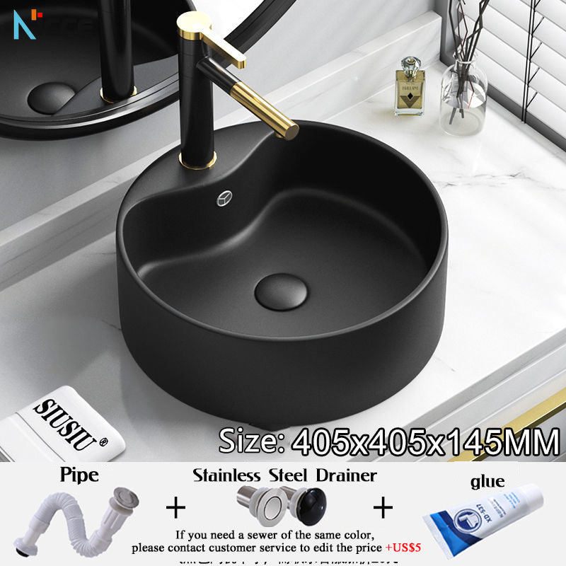 Nordic Simple Ceramic Countertop Basin Bathroom Small Size Black Round Art Washbasin Drainer Faucet Set