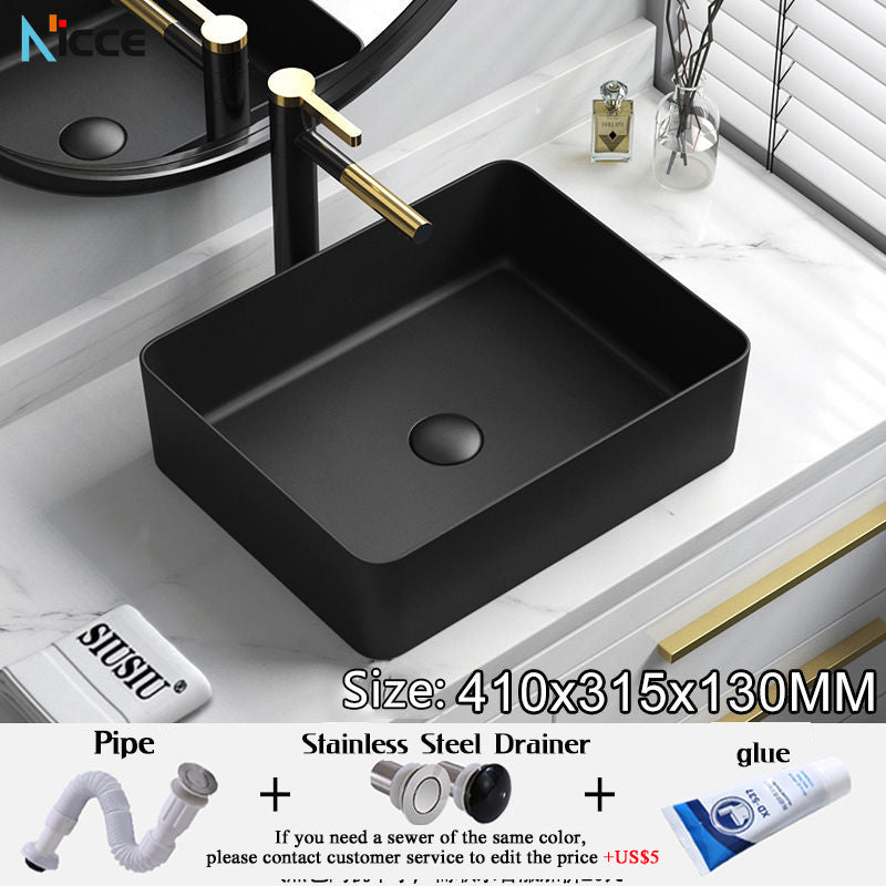 Nordic Simple Ceramic Countertop Basin Bathroom Small Size Black Round Art Washbasin Drainer Faucet Set