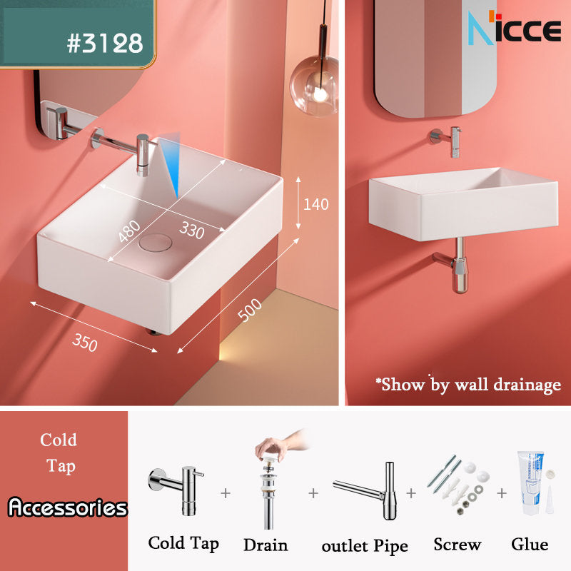 Nordic minimalist home wall-mounted washbasin bathroom mini wall faucet non-porous white ceramic washbasin stainless steel bracket balcony floor-to-ceiling art basin