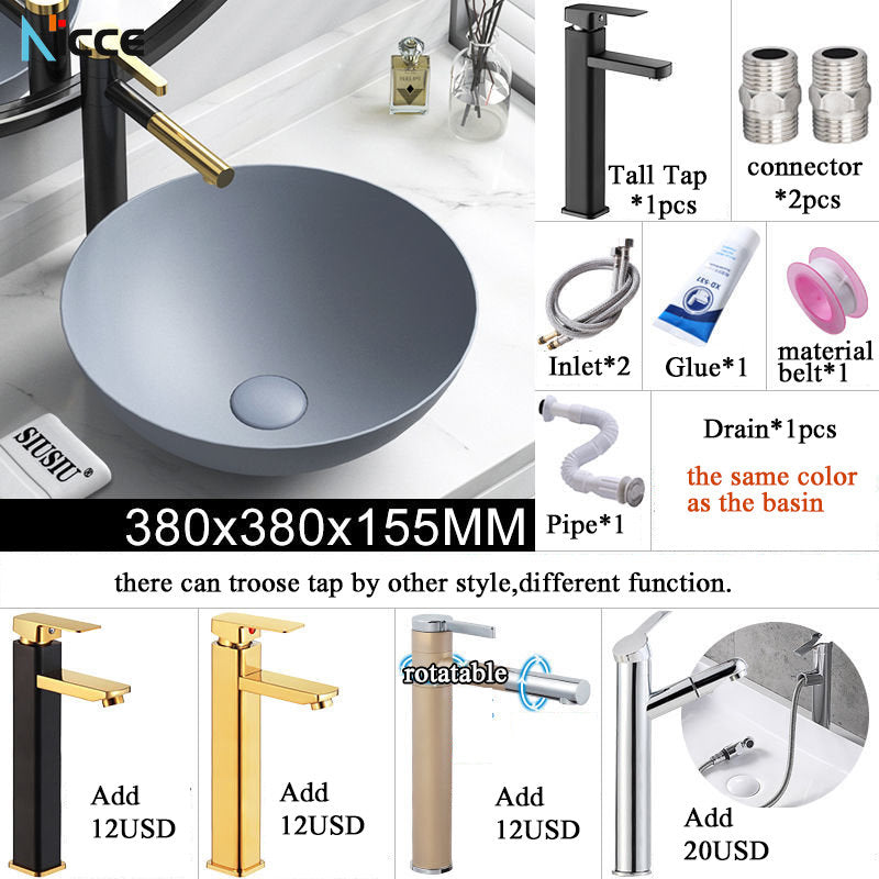 Nordic small bathroom light gray washbasin matte ceramic countertop basin hot and cold water faucet bathroom sink drain set