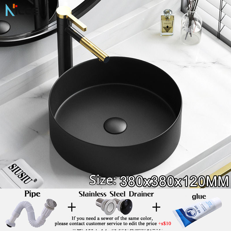 Nordic Simple Ceramic Countertop Basin Bathroom Small Size Black Round Art Washbasin Drainer Faucet Set