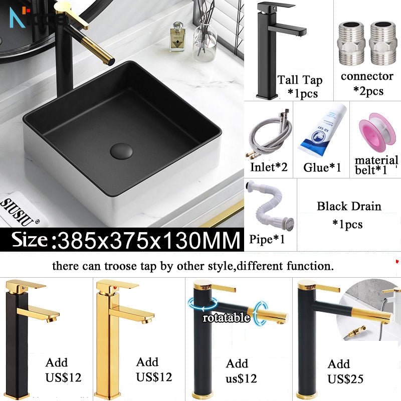 Nordic Simple Ceramic Countertop Basin Bathroom Small Size Black Round Art Washbasin Drainer Faucet Set