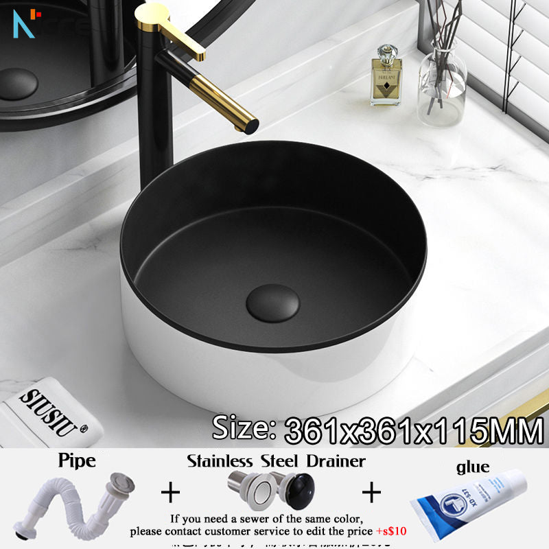 Nordic Simple Ceramic Countertop Basin Bathroom Small Size Black Round Art Washbasin Drainer Faucet Set