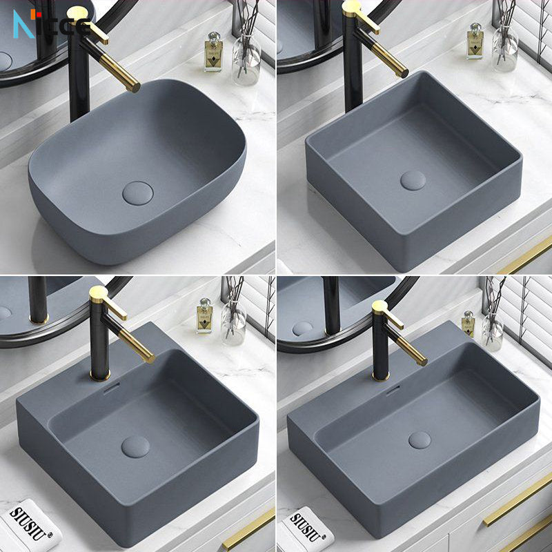 Nordic small bathroom light gray washbasin matte ceramic countertop basin hot and cold water faucet bathroom sink drain set