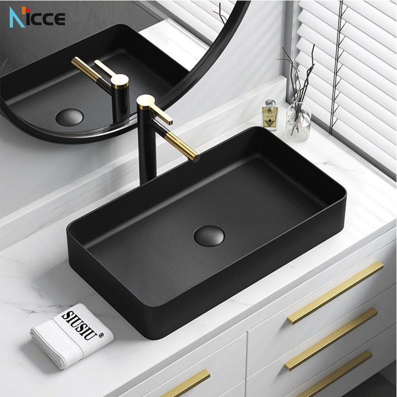 Nordic Simple Ceramic Countertop Basin Bathroom Small Size Black Round Art Washbasin Drainer Faucet Set