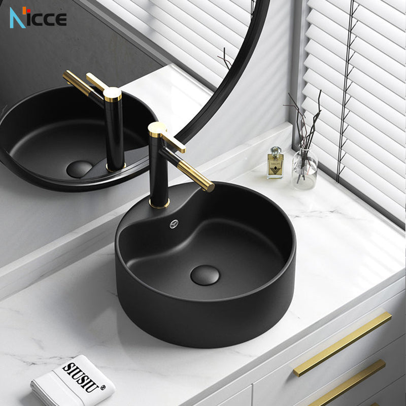 Nordic Simple Ceramic Countertop Basin Bathroom Small Size Black Round Art Washbasin Drainer Faucet Set