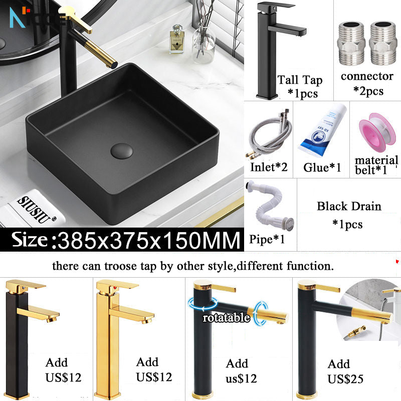 Nordic Simple Ceramic Countertop Basin Bathroom Small Size Black Round Art Washbasin Drainer Faucet Set