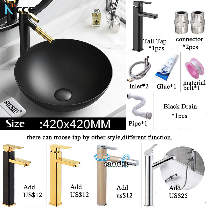 Nordic Simple Ceramic Countertop Basin Bathroom Small Size Black Round Art Washbasin Drainer Faucet Set