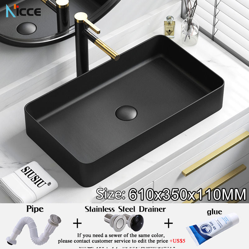 Nordic Simple Ceramic Countertop Basin Bathroom Small Size Black Round Art Washbasin Drainer Faucet Set