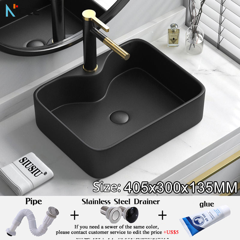 Nordic Simple Ceramic Countertop Basin Bathroom Small Size Black Round Art Washbasin Drainer Faucet Set