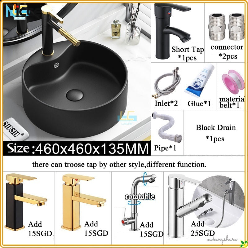 Nordic Simple Ceramic Countertop Basin Bathroom Small Size Black Round Art Washbasin Drainer Faucet Set