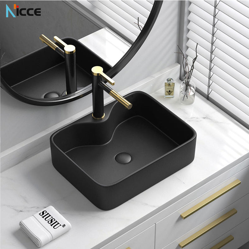 Nordic Simple Ceramic Countertop Basin Bathroom Small Size Black Round Art Washbasin Drainer Faucet Set