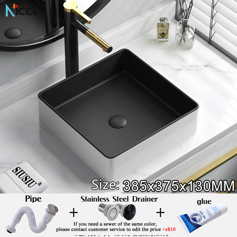 Nordic Simple Ceramic Countertop Basin Bathroom Small Size Black Round Art Washbasin Drainer Faucet Set