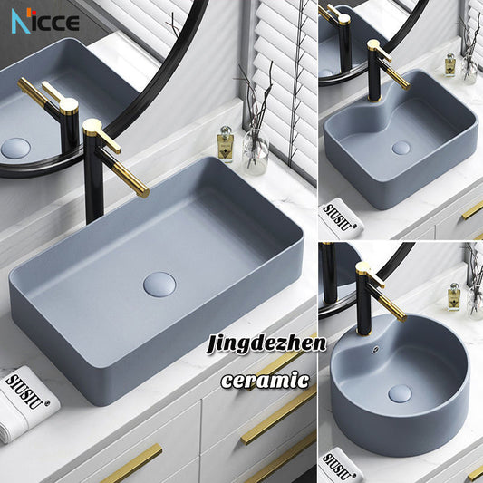 Nordic small bathroom light gray washbasin matte ceramic countertop basin hot and cold water faucet bathroom sink drain set