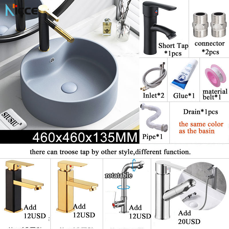 Nordic small bathroom light gray washbasin matte ceramic countertop basin hot and cold water faucet bathroom sink drain set