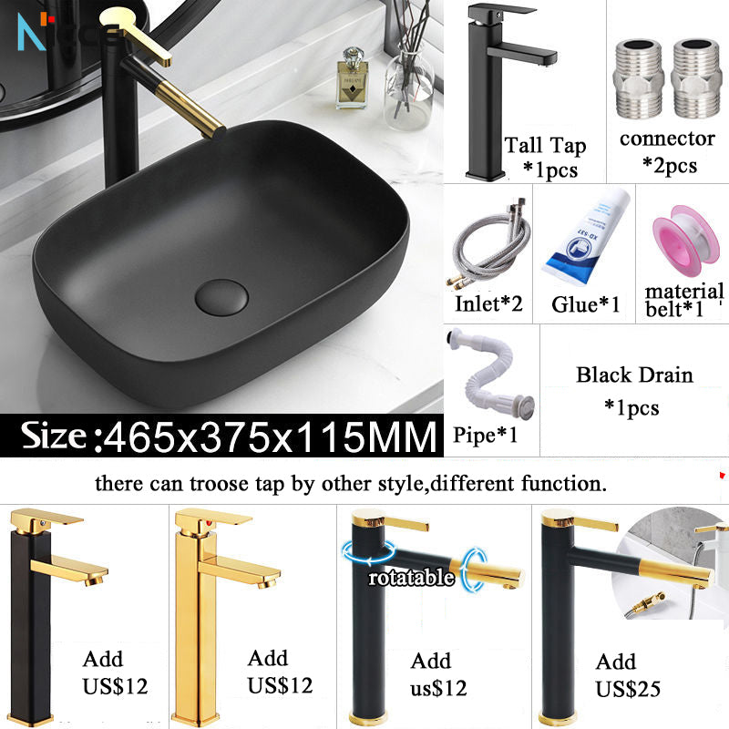 Nordic Simple Ceramic Countertop Basin Bathroom Small Size Black Round Art Washbasin Drainer Faucet Set