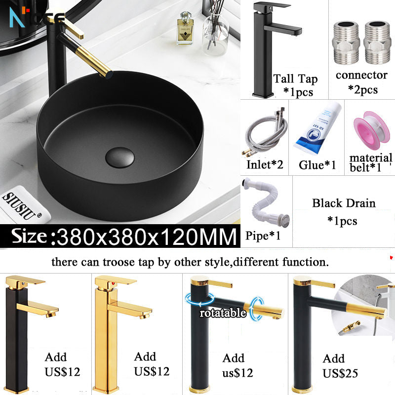 Nordic Simple Ceramic Countertop Basin Bathroom Small Size Black Round Art Washbasin Drainer Faucet Set