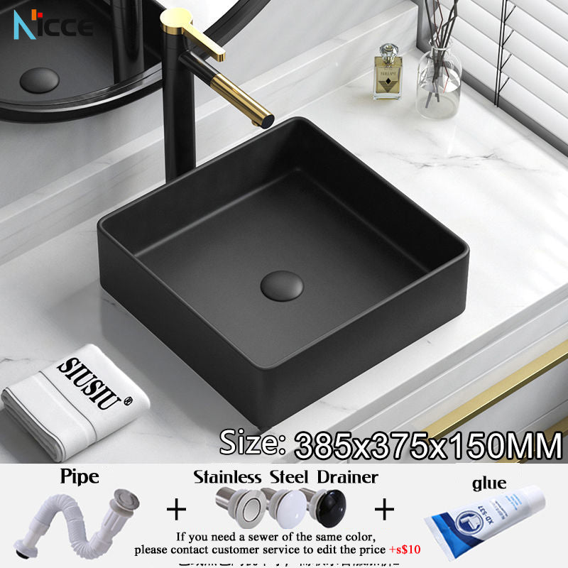 Nordic Simple Ceramic Countertop Basin Bathroom Small Size Black Round Art Washbasin Drainer Faucet Set