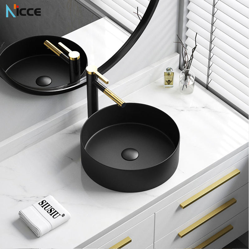 Nordic Simple Ceramic Countertop Basin Bathroom Small Size Black Round Art Washbasin Drainer Faucet Set