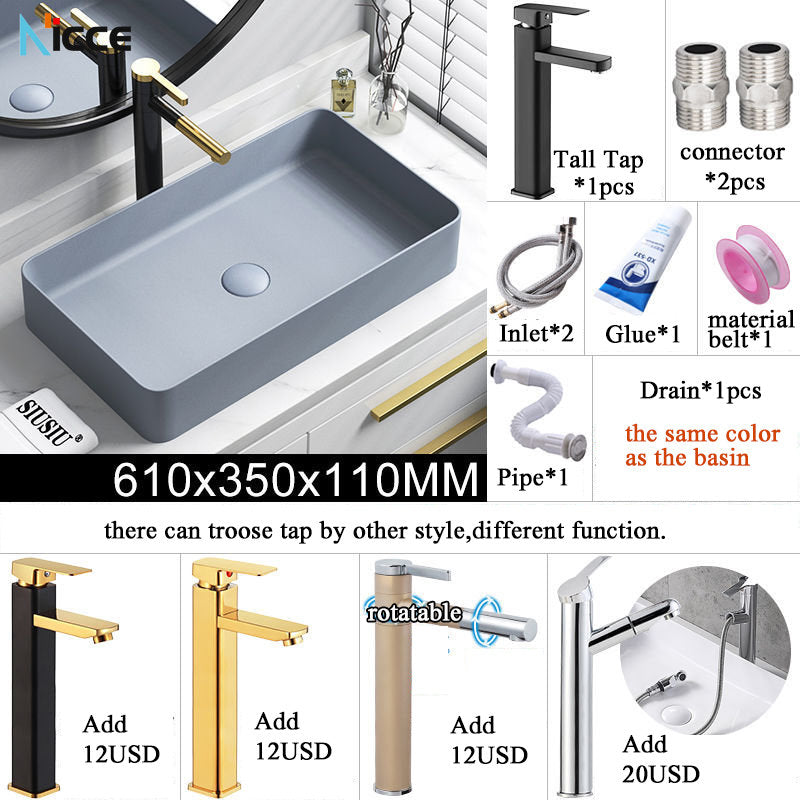 Nordic small bathroom light gray washbasin matte ceramic countertop basin hot and cold water faucet bathroom sink drain set