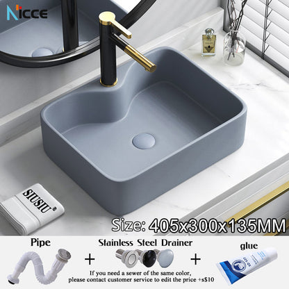 Nordic small bathroom light gray washbasin matte ceramic countertop basin hot and cold water faucet bathroom sink drain set