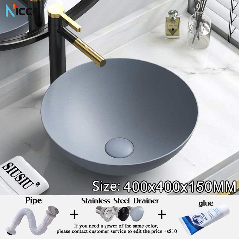 Nordic small bathroom light gray washbasin matte ceramic countertop basin hot and cold water faucet bathroom sink drain set