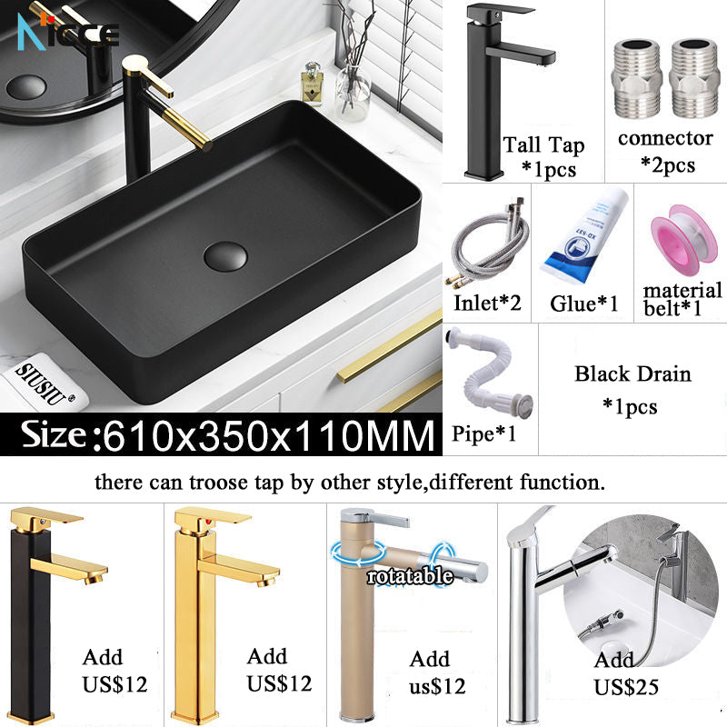 Nordic Simple Ceramic Countertop Basin Bathroom Small Size Black Round Art Washbasin Drainer Faucet Set