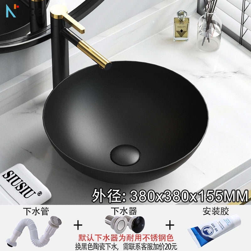 Nordic Simple Ceramic Countertop Basin Bathroom Small Size Black Round Art Washbasin Drainer Faucet Set